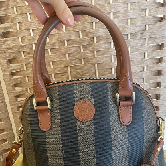 Pre-loved Vintage Fendi Pequin Brown Striped Coated Canvas Top-Handle Dome Bag - Picture 5 of 16